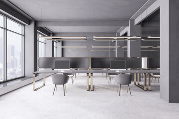 Bright coworking office interior with window and city view, furniture and equipment. Design and workplace concept. 3D Rendering.