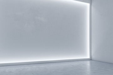 Minimalistic exhibition hall interior with illuminated white mock up wall and concrete floor. 3D Rendering.