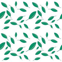 Seamless pattern, green leaves on the white background designed for wallpaper, clothing, carpet, curtain, and home decoration.