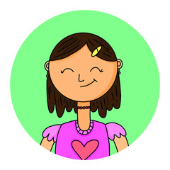Cute little girl in a round vector illustration in a frame. A hand-drawn sticker with a little girl is suitable for T-shirts, mugs, backpacks, children's clothing, educational and social networks. 