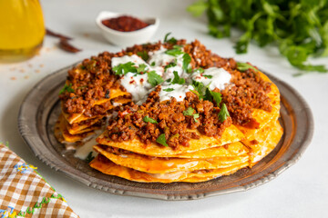 Turkish Food Kayseri Yaglama with Minced Meat, Yogurt and Tomato Paste
