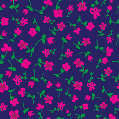 Fototapeta na wymiar Ditsy floral pattern pink flowers pattern on dark blue background