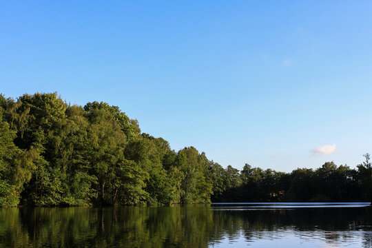 View of lake and trees in forest in Itzehoe, Germany with mirror reflection in calm water surface and clear blue sky background. No people.