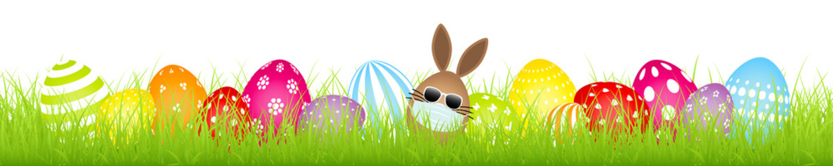 Banner Braunes Hasenei Maske Sonnenbrille Mit Bunten Ostereiern Weißes Muster Wiese