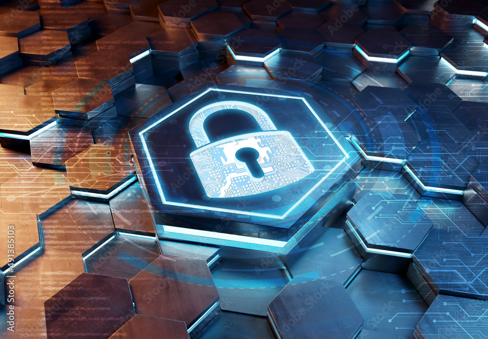 Leinwandbilder web security icon concept engraved on metal hexagonal pedestral background. padlock logo glowing on 