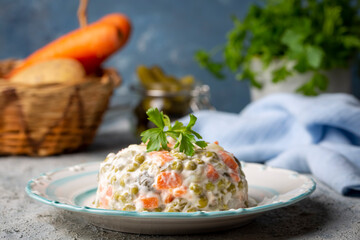 Russian salad Olivier with mayonnaise and egg served (Turkish name; Rus salatasi)