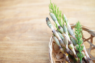 竹カゴにつくし　木目の板（アップ・空間あり）