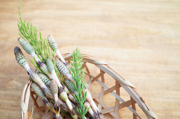 竹カゴにつくし　木目の板（アップ・空間あり）