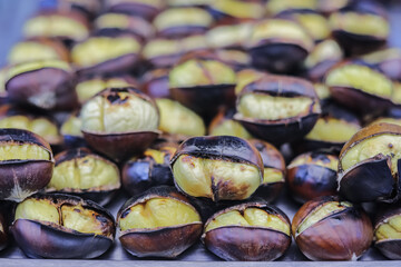 A view from a stall selling roasted chestnuts