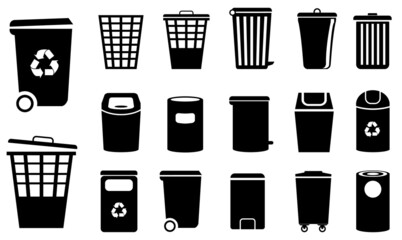 garbage bin in silhoiette style, trash bin waste basket, recycling trash basket.