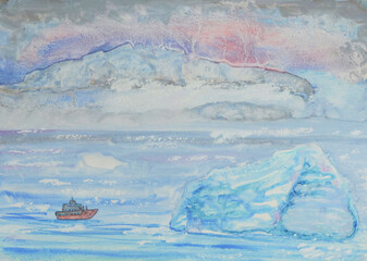 Painting of a ship sailing near huge icebergs and chunks of ice