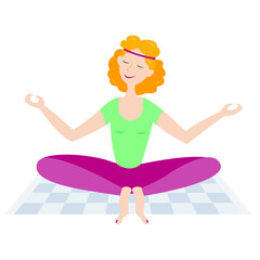Vector graphics - A young woman is sitting with her eyes closed in a lotus position on a rug isolated and smiling. Concept meditation and Yoga