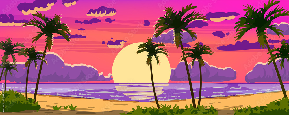 Wall mural sunset ocean tropical resort landscape panorama. sea shore beach, sun, exoti csilhouettes palms, coa