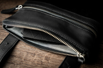 Fashionable mens bag, men purse, wallet men's casual outfits with leather accessories, brown bag on...