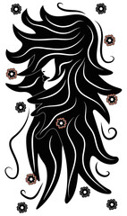 A head of a young woman with fluttering black hair