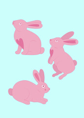 set with pink rabbits with hearts vector