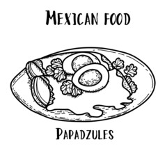 Mexican food Papadzules. Hand drawn black and white vector illustration in doodle style.