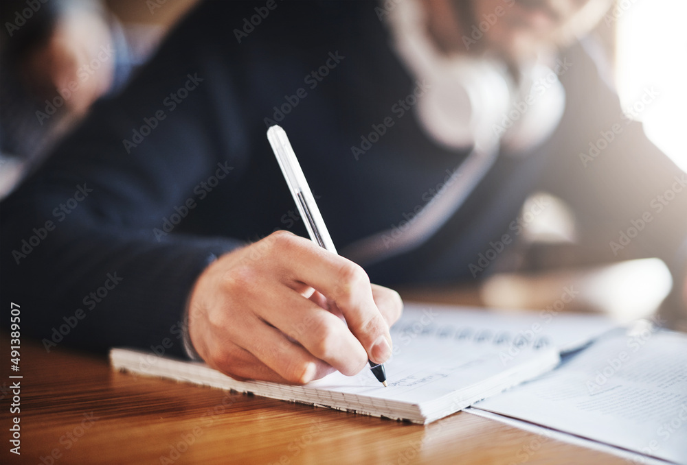 Aufkleber take notes now and study hard later. cropped shot of an unrecognizable male university student in cl