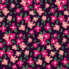 Seamless pattern with cute little pink flowers on a dark background. Romantic branch print with sketch flowers, lilies. Liberty botanical composition with summer meadow, field. Vector illustration.