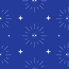 Bohemian vintage style seamless pattern. Occult eye and stars on dark blue background. Repeating texture for textile design