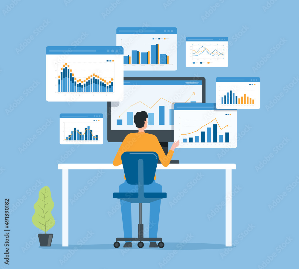 Aufkleber flat business people analytics and monitoring investment and finance report graph on monitor concept