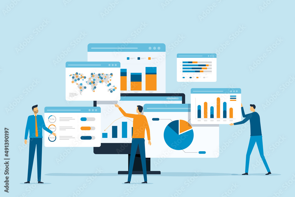 Fototapete business team analytics and monitoring on web report dashboard monitor concept and flat vector illustration design data analytics research for business finance planning.