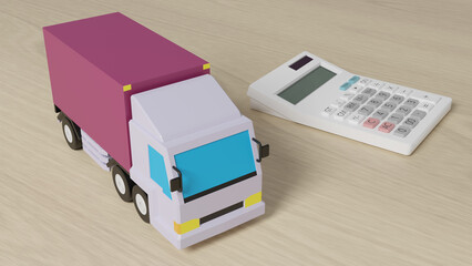 平面上に置かれたトラックのおもちゃと電卓のCGによるフォトリアルなイラスト
