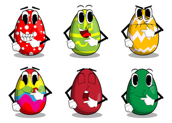 Easter Egg holding finger under his mouth, thinking. Cartoon character with funny face for the Easter holiday.