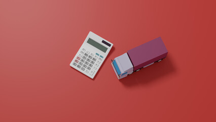 平面上に置かれたトラックのおもちゃと電卓のCGによるフォトリアルなイラスト
