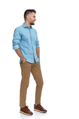 Fototapeta premium sexy grizzled man holding hands in pockets and looking to side