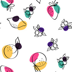 Bright Fruit Vector White Seamless Pattern. Line