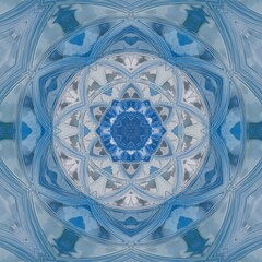 blue and white pealing paint showing wood grain pattern and creative unique hexagonal kaleidoscopic designs