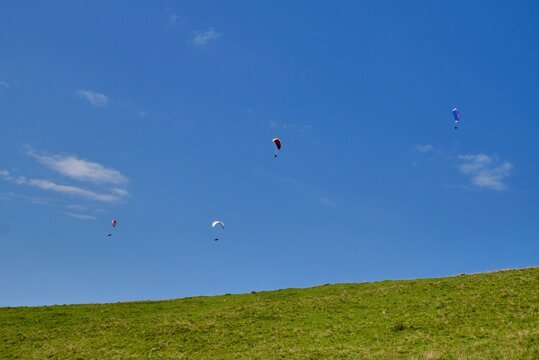 Paragliders in the sky at Niedere in Bregenzerwald. Vorarlberg, Austria.