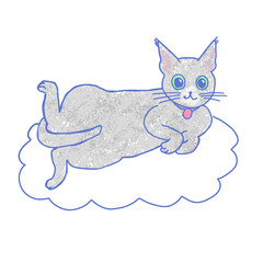 雲に乗って楽しいポーズをとっているグレーのネコのイラスト