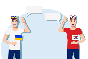 Men with Ukrainian and South Korean flags. Background for the text. Communication between native speakers of the language. Vector illustration.