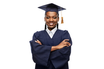 education, graduation and people concept - happy graduate student woman in mortarboard and bachelor...