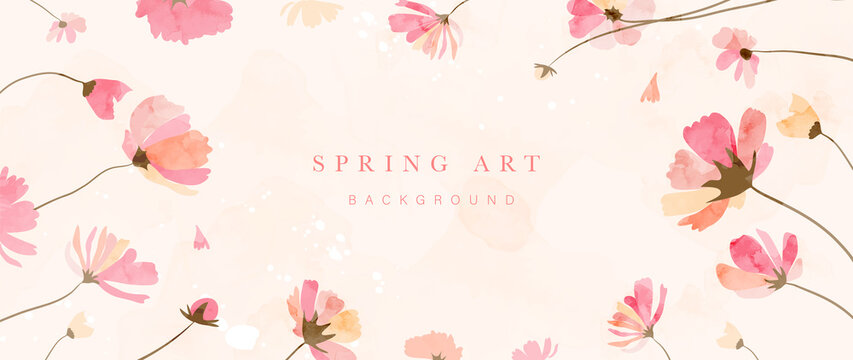 Spring season on warm tone watercolor background. Floral and botanical wallpaper with blooms, wild flowers in watercolor texture. Blossom garden graphic design for banner, cover, decoration, poster.