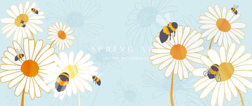 Spring season on blue sky background. Luxury floral and insect wallpaper with blossom garden, white daisy flower, group of bees. Gold line art graphic design for banner, cover, decoration, poster.