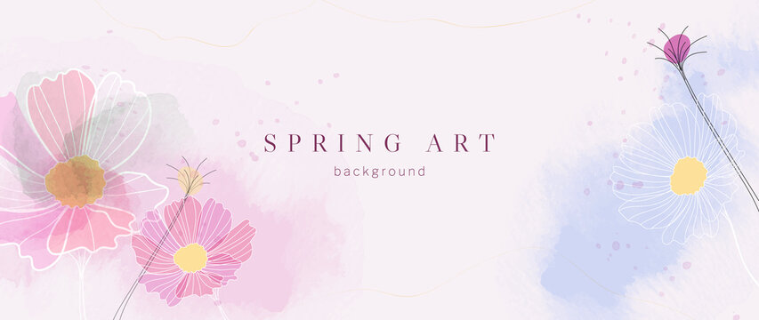 Spring season on warm tone watercolor background. Floral and botanical wallpaper with blooms, wild flowers, blossom garden. Luxury with gold line design for banner, cover, decoration, poster.