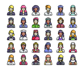 Simple set of 30 Female Occupations Icons in Detailed Outline Color Style