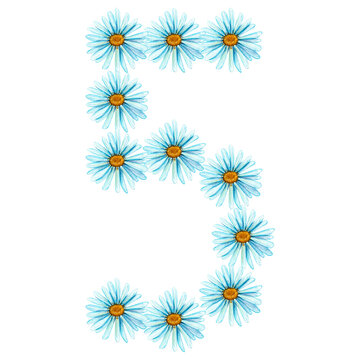 Numeral five of wildflowers blue painted in watercolor, isolated on a white background.