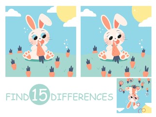 Game Find 15 differences for kids. Cute Easter bunny with a carrot. Vector illustration.
