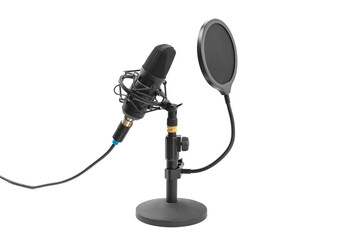 Close-up of a professional microphone with a pop filter in front of it. Desktop microphone for...