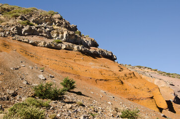 Cliff with volcanic tuff in its lower part and basaltic rock in the upper part. Las Nieves Natural...
