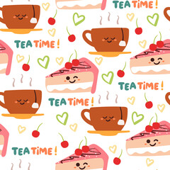 seamless pattern hand drawing cake and tea. food and beverage background for fabric print, textile, gift wrapping paper