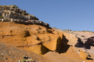 Cliff with volcanic tuff in its lower part and basaltic rock in the upper part. Las Nieves Natural...
