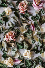 Background of dry flowers. Flowers composition made of dried rose on white wooden background. Flat lay, top view, copy space. Place for text and design.