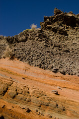 Cliff with volcanic tuff in its lower part and basaltic rock in the upper part. Las Nieves Natural...