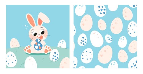 Card and seamless pattern with cute easter bunny and easter eggs in cartoon style