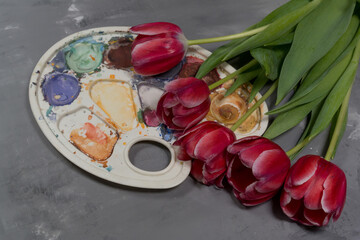Flowers pink tulips on a gray background with paints